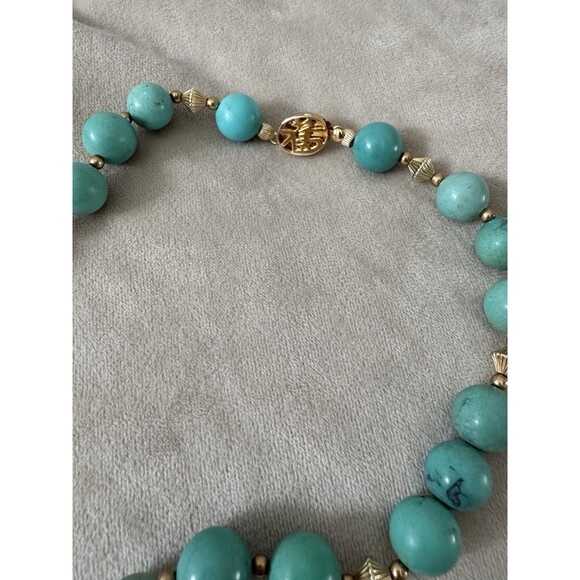 Vintage Chinese Turquoise Carved Shou Bead Strand Gold Plated Necklace - Picture 5 of 5